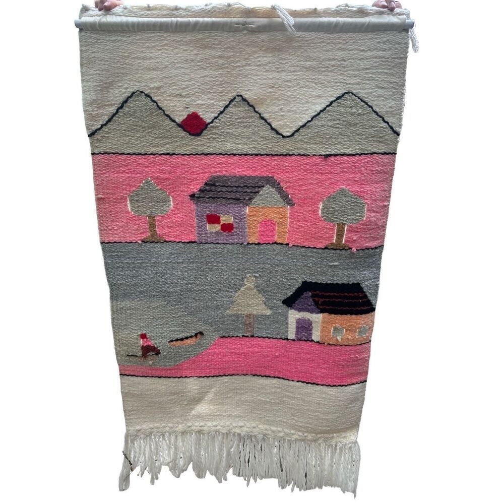 Vintage Wool Rug Tapestry Wall Hanging 50”x28” Lakeside Villa Pink Gray Handmade